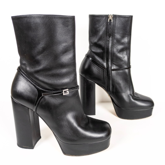GUCCI Tiarah Black Leather Platform Boots G Logo Square Toe Women's EU 37.5 - Picture 4 of 13